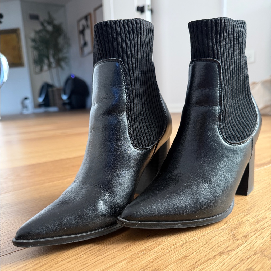Steve Madden Black Leather Ankle Stretch Sock Booties Boots Chunky Heel Womens 6